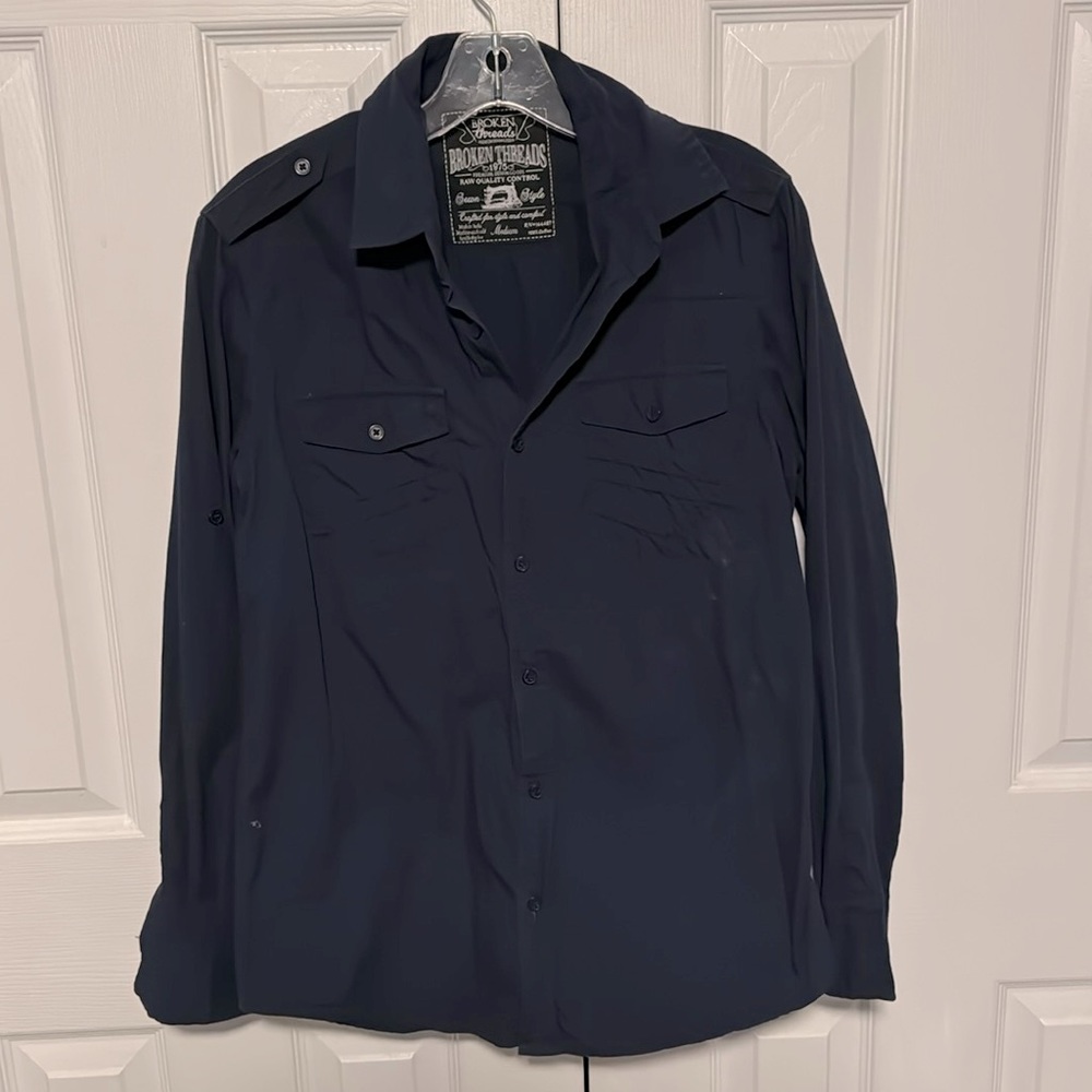 Broken Threads brand navy button up shirt